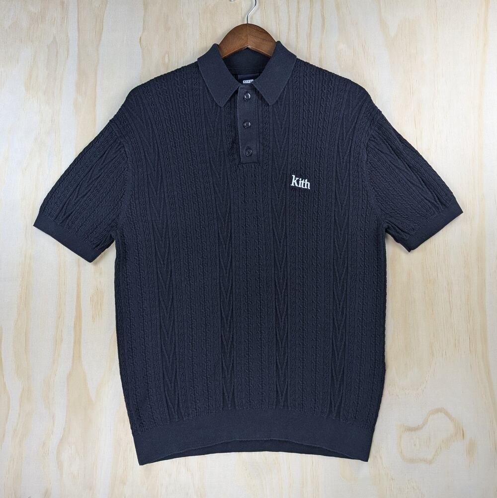 Kith Men's Small Black Tilden Cable Knit Polo Shirt Short Sleeve Viscose Blend